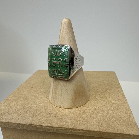Sterling Silver & Green Enamel Italy Milor Ring 925-Size 9 - Picture 2 of 13